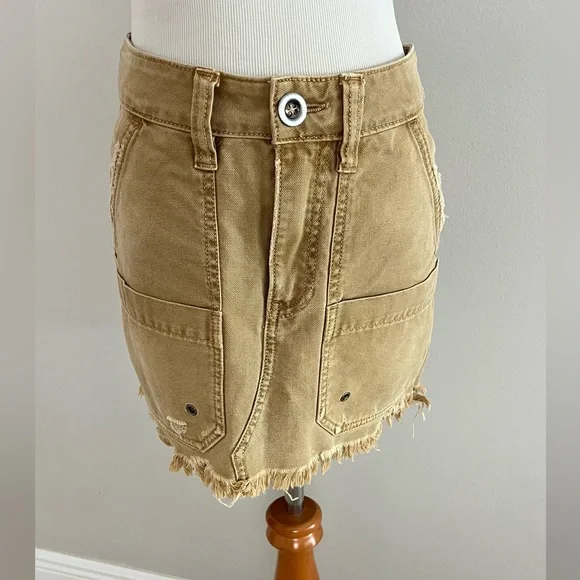FREE PEOPLE Tan Canvas Cotton Relaxed Mini Skirt Size 24 - Picture 7 of 14